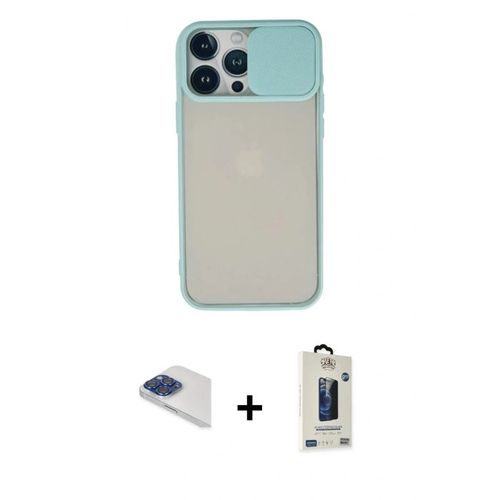 MARSİLYAN™- iPhone 13 Pro Max Kılıf Vadi Çizgi - Siyah Bilvis Hayalet Cam Ekran Koruyucu + Lacivert Pers Alüminyum Kamera Lens