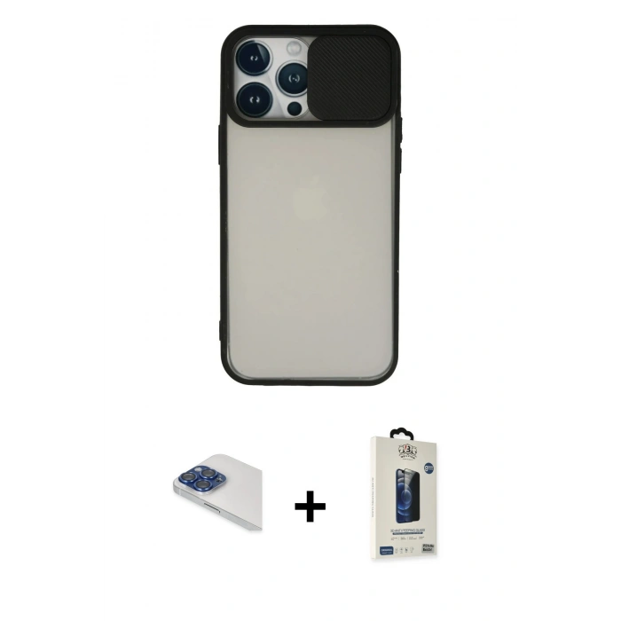 MARSİLYAN™- iPhone 13 Pro Max Kılıf Vadi Çizgi - Siyah Bilvis Hayalet Cam Ekran Koruyucu + Lacivert Pers Alüminyum Kamera Lens