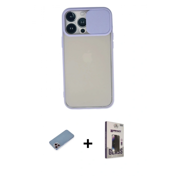 MARSİLYAN™- iPhone 13 Pro Max Kılıf Vadi Çizgi - Siyah Bilvis Hayalet Cam Ekran Koruyucu + Pembe Shine Kamera Lens Koruma Cam