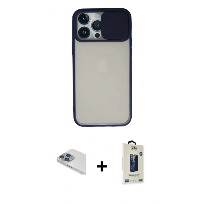 MARSİLYAN™- iPhone 13 Pro Max Kılıf Vadi Çizgi - Siyah Bilvis Hayalet Cam Ekran Koruyucu + Pers Alüminyum Kamera Lens - SABE