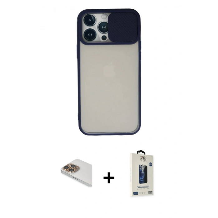 MARSİLYAN™- iPhone 13 Pro Max Kılıf Vadi Çizgi - Siyah Bilvis Hayalet Cam Ekran Koruyucu + Pers Alüminyum Kamera Lens - GD