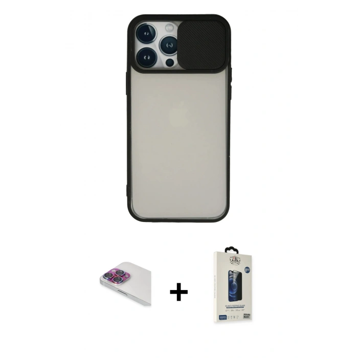 MARSİLYAN™- iPhone 13 Pro Max Kılıf Vadi Çizgi - Siyah Bilvis Hayalet Cam Ekran Koruyucu + Pers Alüminyum Kamera Lens - GI