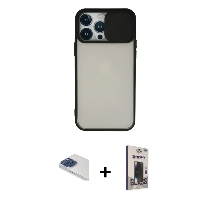 MARSİLYAN™- iPhone 13 Pro Max Kılıf Vadi Çizgi - Siyah Bilvis Hayalet Cam Ekran Koruyucu + Pers Alüminyum Kamera Lens - LT
