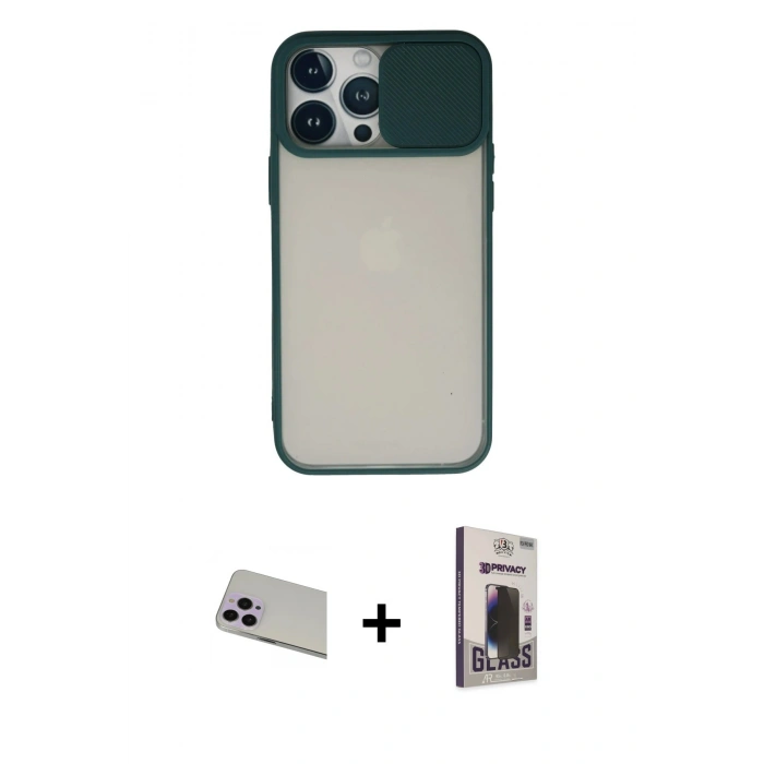 MARSİLYAN™- iPhone 13 Pro Max Kılıf Vadi Çizgi - Siyah Bilvis Hayalet Cam Ekran Koruyucu + Rainbow Kamera Lens Koruma Cam - MR