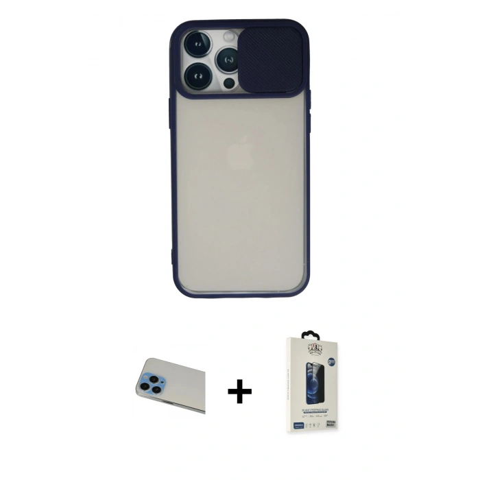MARSİLYAN™- iPhone 13 Pro Max Kılıf Vadi Çizgi - Siyah Bilvis Hayalet Cam Ekran Koruyucu + Rainbow Kamera Lens Koruma Cam - MI