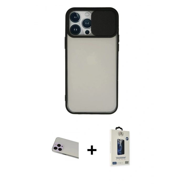 MARSİLYAN™- iPhone 13 Pro Max Kılıf Vadi Çizgi - Siyah Bilvis Hayalet Cam Ekran Koruyucu + Rainbow Kamera Lens Koruma Cam - MR