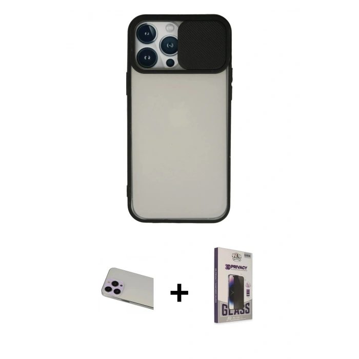 MARSİLYAN™- iPhone 13 Pro Max Kılıf Vadi Çizgi - Siyah Bilvis Hayalet Cam Ekran Koruyucu + Rainbow Kamera Lens Koruma Cam - MR