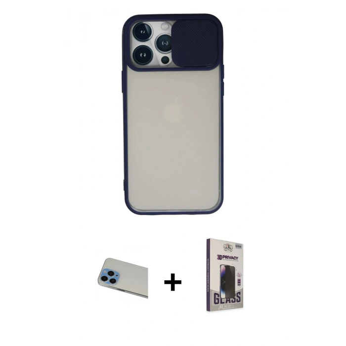 MARSİLYAN™- iPhone 13 Pro Max Kılıf Vadi Çizgi - Siyah Bilvis Hayalet Cam Ekran Koruyucu + Rainbow Kamera Lens Koruma Cam - MI