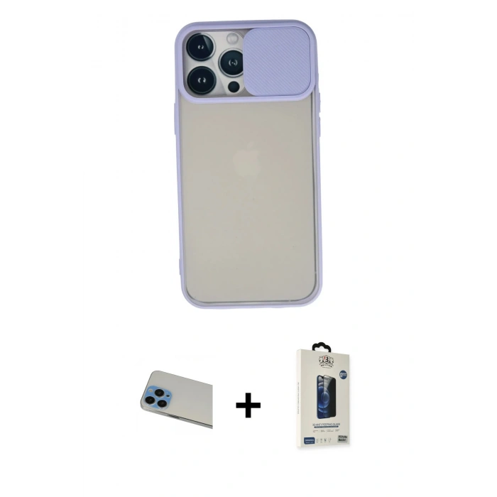 MARSİLYAN™- iPhone 13 Pro Max Kılıf Vadi Çizgi - Siyah Bilvis Hayalet Cam Ekran Koruyucu + Rainbow Kamera Lens Koruma Cam - MI