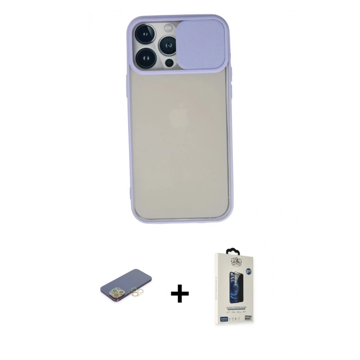 MARSİLYAN™- iPhone 13 Pro Max Kılıf Vadi Çizgi - Siyah Bilvis Hayalet Cam Ekran Koruyucu + Renkli Kamera Lens Koruma Cam - SI