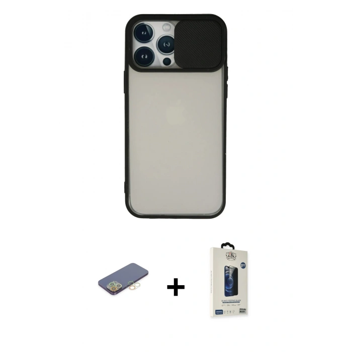 MARSİLYAN™- iPhone 13 Pro Max Kılıf Vadi Çizgi - Siyah Bilvis Hayalet Cam Ekran Koruyucu + Renkli Kamera Lens Koruma Cam - SI