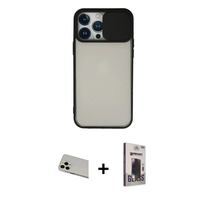 MARSİLYAN™- iPhone 13 Pro Max Kılıf Vadi Çizgi - Siyah Bilvis Hayalet Cam Ekran Koruyucu + Rose Gold Rainbow Kamera Lens Koruma Cam