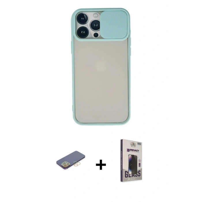 MARSİLYAN™- iPhone 13 Pro Max Kılıf Vadi Çizgi - Siyah Bilvis Hayalet Cam Ekran Koruyucu + Renkli Kamera Lens Koruma Cam - SI