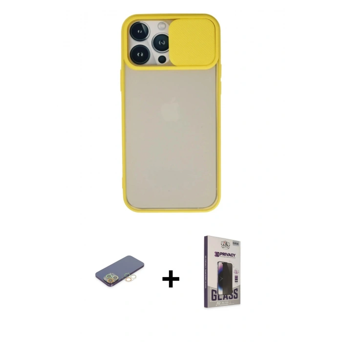 MARSİLYAN™- iPhone 13 Pro Max Kılıf Vadi Çizgi - Siyah Bilvis Hayalet Cam Ekran Koruyucu + Renkli Kamera Lens Koruma Cam - SI