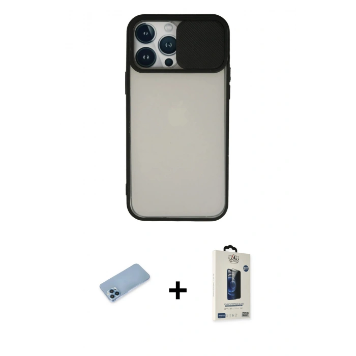 MARSİLYAN™- iPhone 13 Pro Max Kılıf Vadi Çizgi - Siyah Bilvis Hayalet Cam Ekran Koruyucu + Shine Kamera Lens Koruma Cam - MI