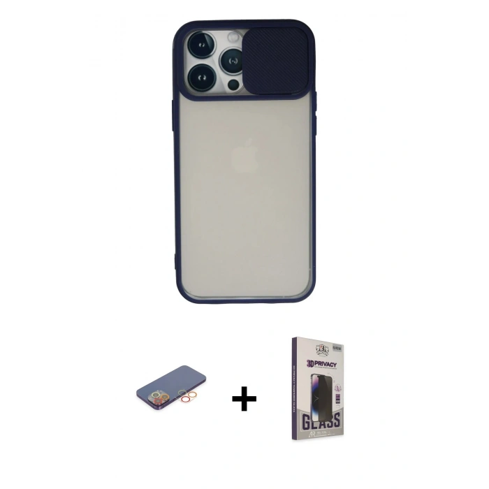 MARSİLYAN™- iPhone 13 Pro Max Kılıf Vadi Çizgi - Siyah Bilvis Hayalet Cam Ekran Koruyucu + Renkli Kamera Lens Koruma Cam - TU