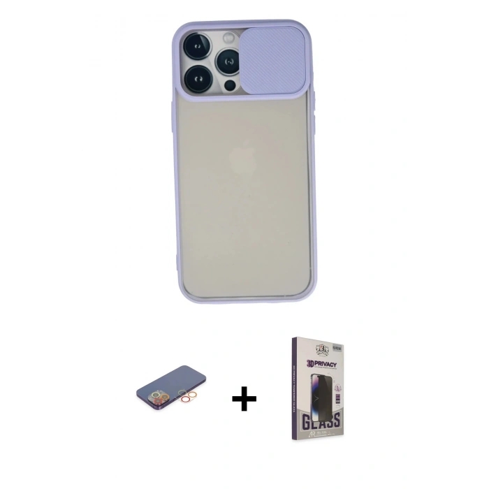 MARSİLYAN™- iPhone 13 Pro Max Kılıf Vadi Çizgi - Siyah Bilvis Hayalet Cam Ekran Koruyucu + Renkli Kamera Lens Koruma Cam - TU