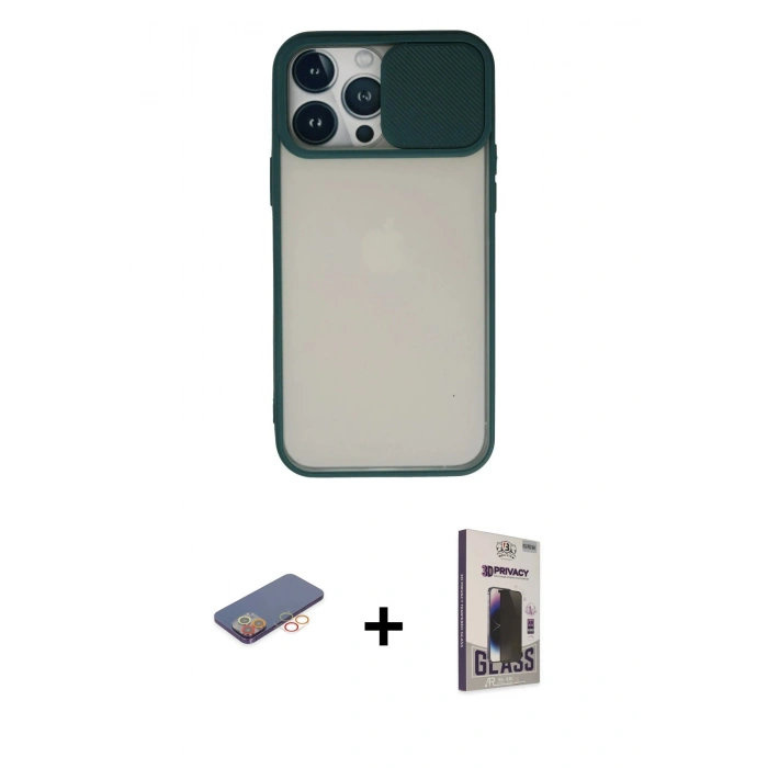 MARSİLYAN™- iPhone 13 Pro Max Kılıf Vadi Çizgi - Siyah Bilvis Hayalet Cam Ekran Koruyucu + Renkli Kamera Lens Koruma Cam - TU