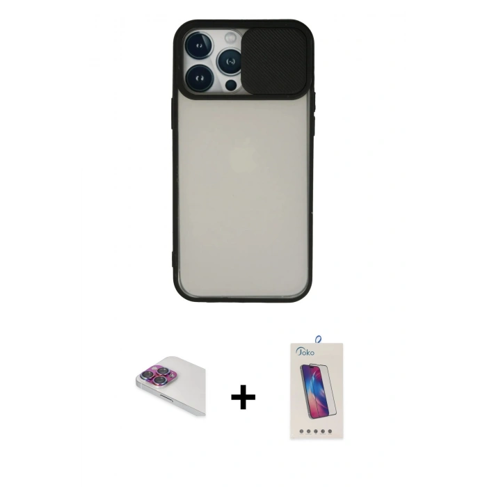 MARSİLYAN™- iPhone 13 Pro Max Kılıf Vadi Çizgi - Siyah Joko 5D Cam + Pers Alüminyum Kamera Lens - GI