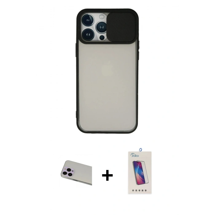 MARSİLYAN™- iPhone 13 Pro Max Kılıf Vadi Çizgi - Siyah Joko 5D Cam + Rainbow Kamera Lens Koruma Cam - MR