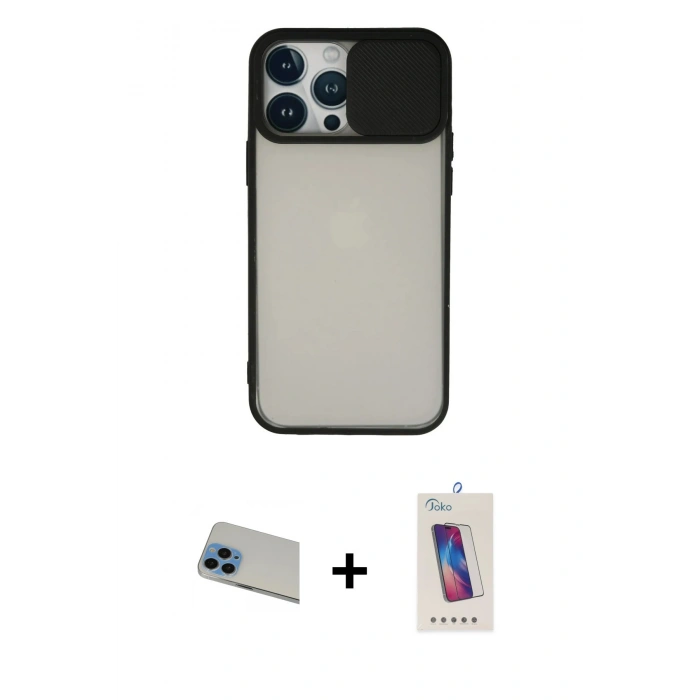 MARSİLYAN™- iPhone 13 Pro Max Kılıf Vadi Çizgi - Siyah Joko 5D Cam + Rainbow Kamera Lens Koruma Cam - MI