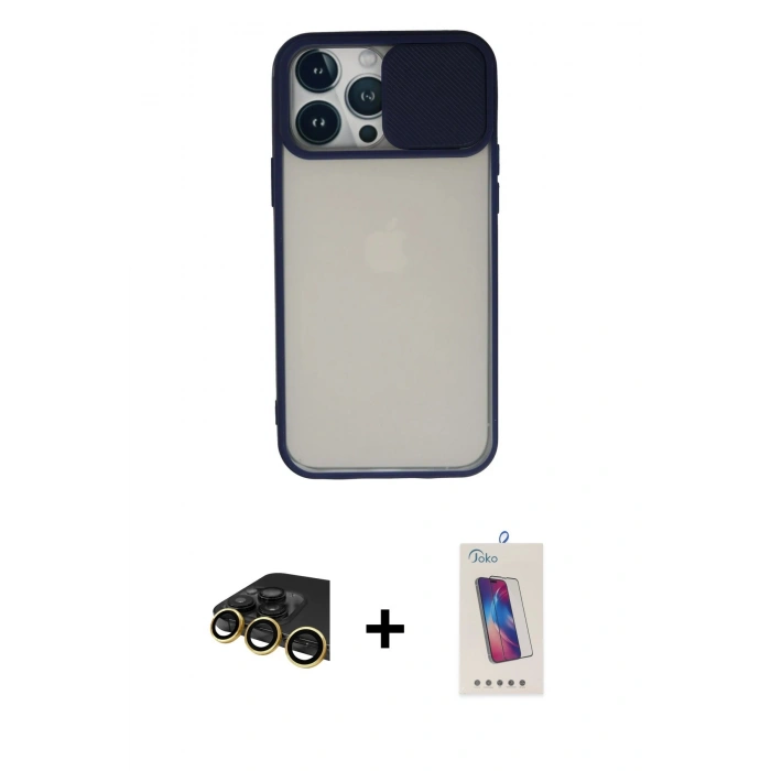 MARSİLYAN™- iPhone 13 Pro Max Kılıf Vadi Çizgi - Siyah Joko 5D Cam + Raze Metal Kamera Lens - GD