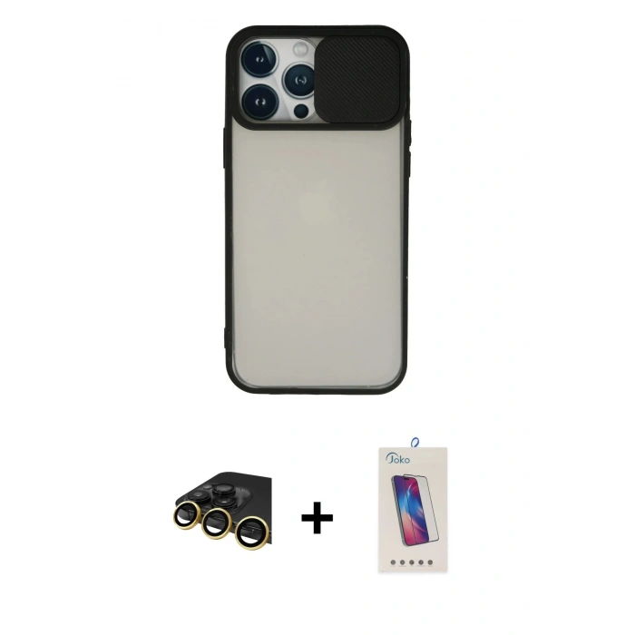 MARSİLYAN™- iPhone 13 Pro Max Kılıf Vadi Çizgi - Siyah Joko 5D Cam + Raze Metal Kamera Lens - GD
