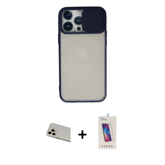MARSİLYAN™- iPhone 13 Pro Max Kılıf Vadi Çizgi - Siyah Joko 5D Cam + Rose Gold Rainbow Kamera Lens Koruma Cam