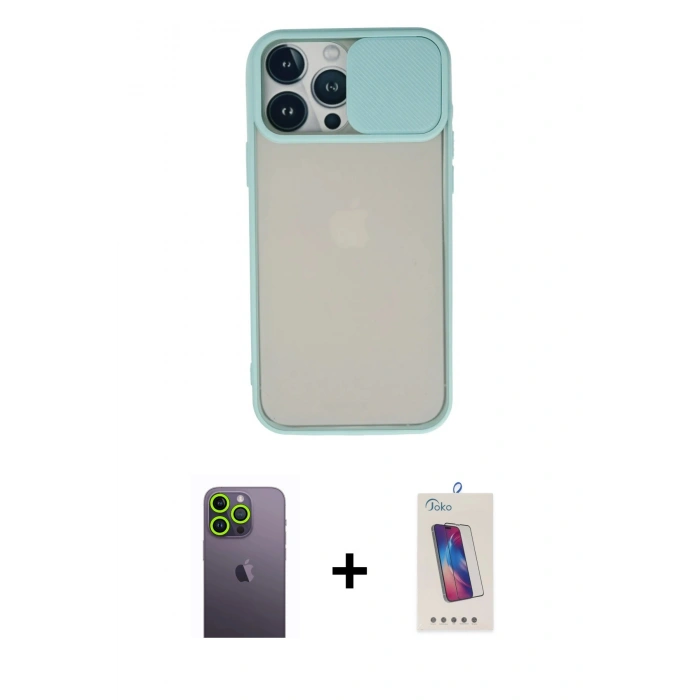 MARSİLYAN™- iPhone 13 Pro Max Kılıf Vadi Çizgi - Siyah Joko 5D Cam + Yeşil Neon Fosforlu Kamera Lens