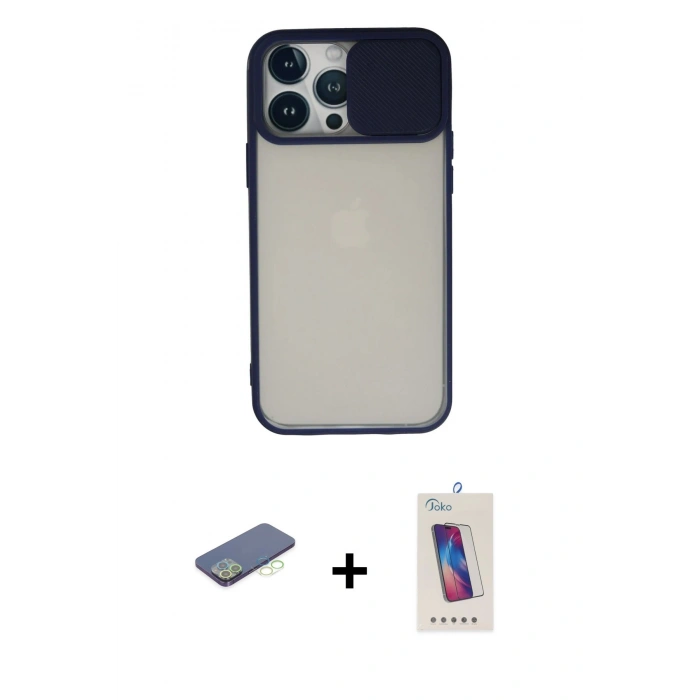 MARSİLYAN™- iPhone 13 Pro Max Kılıf Vadi Çizgi - Siyah Joko 5D Cam + Renkli Kamera Lens Koruma Cam - YL