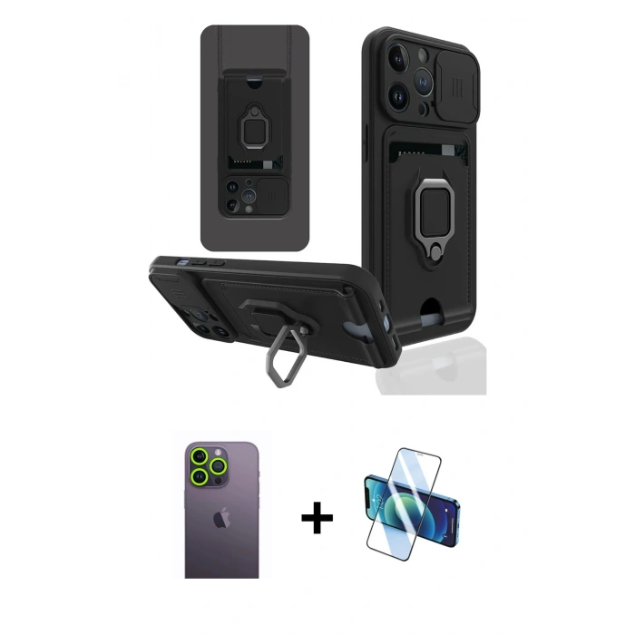 MARSİLYAN™- iPhone 13 Pro Max Kılıf Vadi Form Prime - Siyah 3D Antistatik Cam Ekran Koruyucu + Neon Fosforlu Kamera Lens - YL