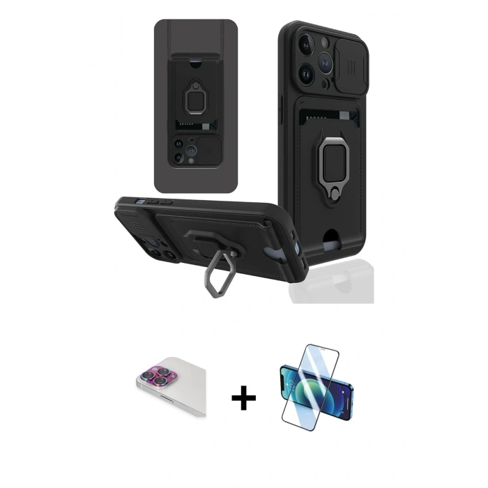 MARSİLYAN™- iPhone 13 Pro Max Kılıf Vadi Form Prime - Siyah 3D Antistatik Cam Ekran Koruyucu + Pers Alüminyum Kamera Lens - GI