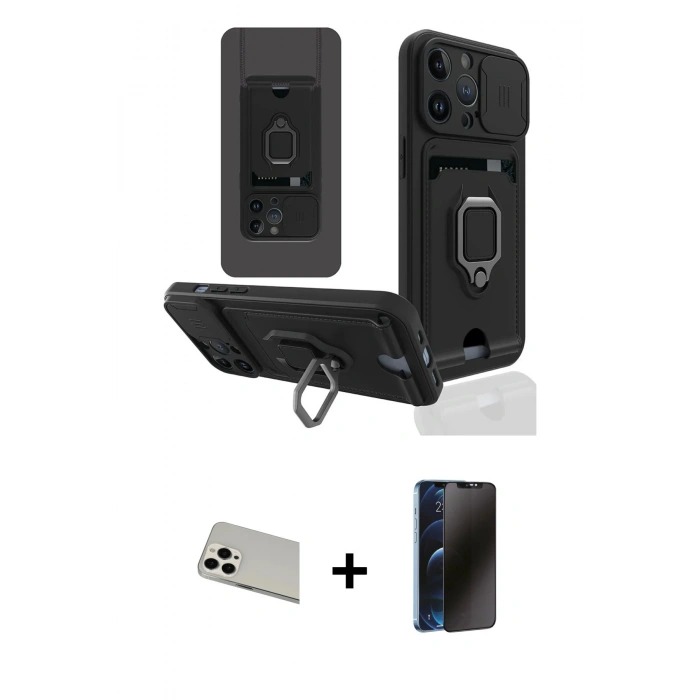 MARSİLYAN™- iPhone 13 Pro Max Kılıf Vadi Form Prime - Siyah 3D Antistatik Hayalet Cam Ekran Koruyucu + Rainbow Kamera Lens Koruma Cam - BZ