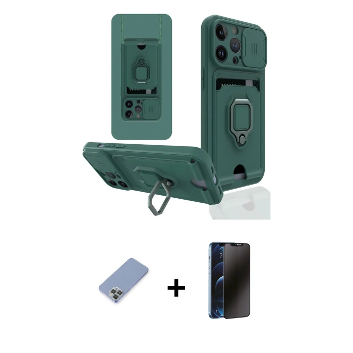 MARSİLYAN™- iPhone 13 Pro Max Kılıf Vadi Form Prime - Siyah 3D Antistatik Hayalet Cam Ekran Koruyucu + Koyu Yeşil Metal Kamera Lens Koruma Cam
