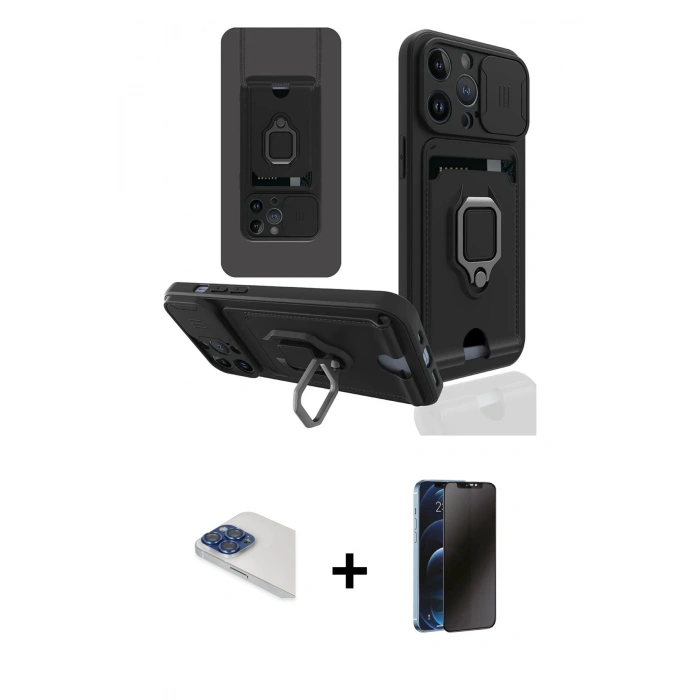 MARSİLYAN™- iPhone 13 Pro Max Kılıf Vadi Form Prime - Siyah 3D Antistatik Hayalet Cam Ekran Koruyucu + Pers Alüminyum Kamera Lens - LT