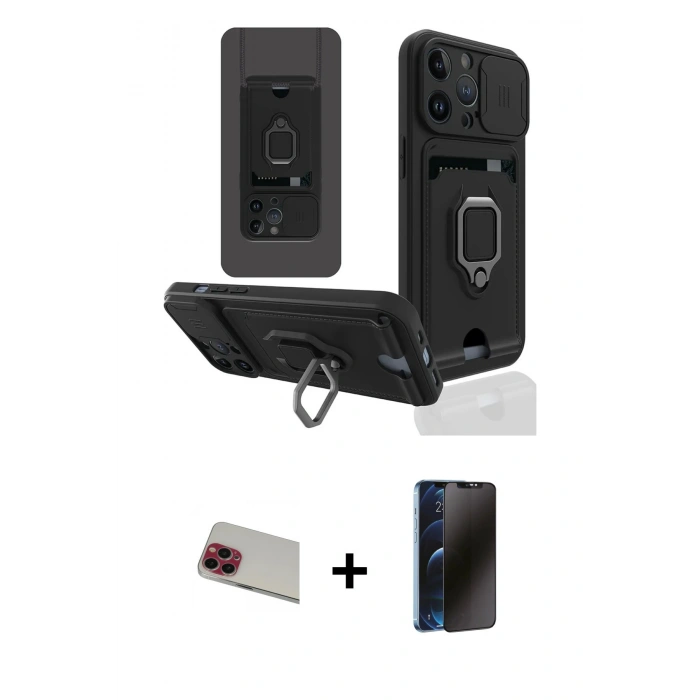 MARSİLYAN™- iPhone 13 Pro Max Kılıf Vadi Form Prime - Siyah 3D Antistatik Hayalet Cam Ekran Koruyucu + Rainbow Kamera Lens Koruma Cam - KI