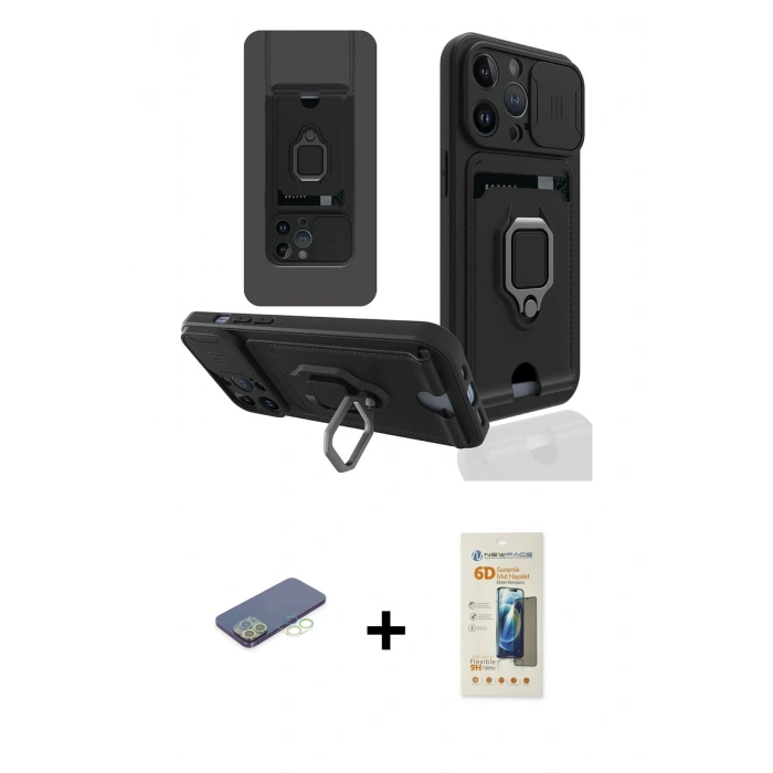 MARSİLYAN™- iPhone 13 Pro Max Kılıf Vadi Form Prime - Siyah 6D Mat Seramik Hayalet Nano Ekran Koruyucu + Renkli Kamera Lens Koruma Cam - YL
