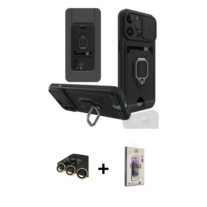MARSİLYAN™- iPhone 13 Pro Max Kılıf Vadi Form Prime - Siyah Bilvis 3D Cam Ekran Koruyucu + Gold Raze Metal Kamera Lens