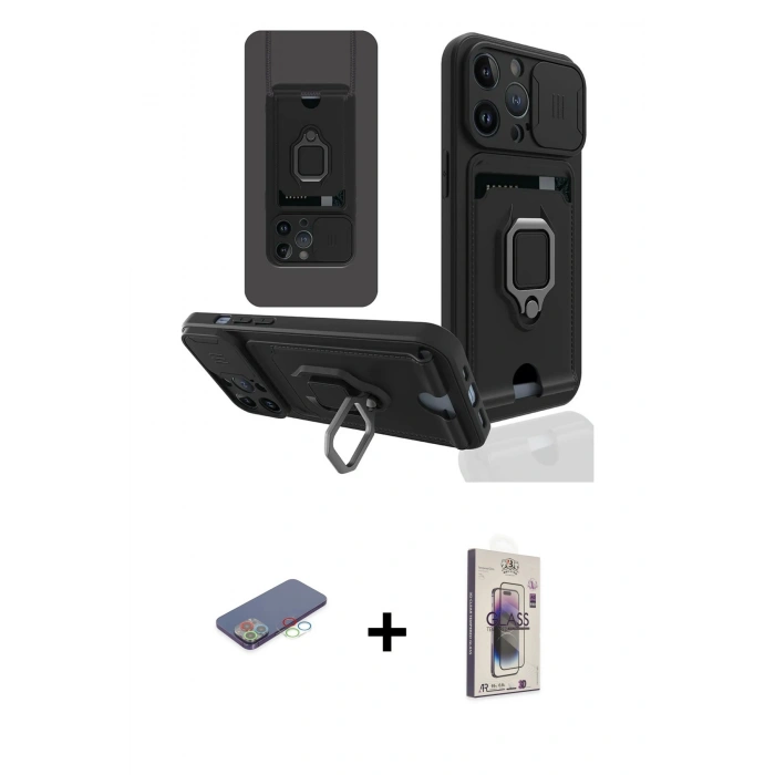 MARSİLYAN™- iPhone 13 Pro Max Kılıf Vadi Form Prime - Siyah Bilvis 3D Cam Ekran Koruyucu + Mavi Renkli Kamera Lens Koruma Cam