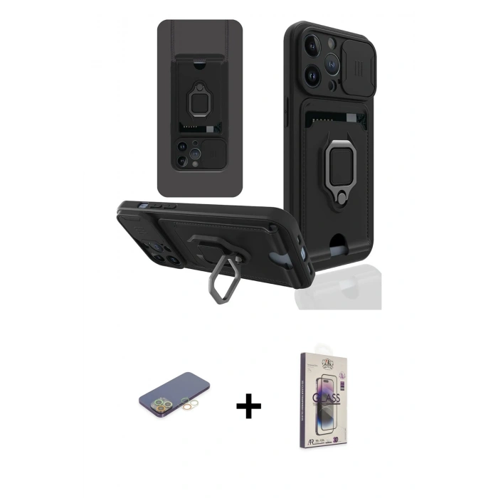 MARSİLYAN™- iPhone 13 Pro Max Kılıf Vadi Form Prime - Siyah Bilvis 3D Cam Ekran Koruyucu + Renkli Kamera Lens Koruma Cam - SI