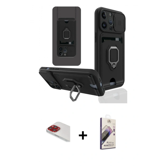 MARSİLYAN™- iPhone 13 Pro Max Kılıf Vadi Form Prime - Siyah Bilvis 3D Mat Cam Ekran Koruyucu + Kırmızı Pers Alüminyum Kamera Lens