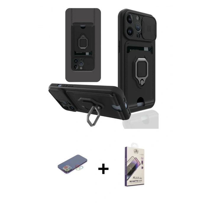 MARSİLYAN™- iPhone 13 Pro Max Kılıf Vadi Form Prime - Siyah Bilvis 3D Mat Cam Ekran Koruyucu + Renkli Kamera Lens Koruma Cam - MI