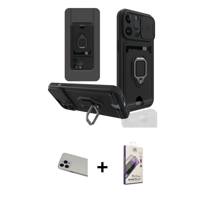 MARSİLYAN™- iPhone 13 Pro Max Kılıf Vadi Form Prime - Siyah Bilvis 3D Mat Cam Ekran Koruyucu + Rainbow Kamera Lens Koruma Cam - MR