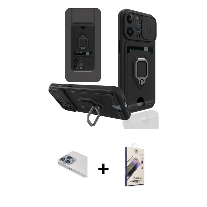 MARSİLYAN™- iPhone 13 Pro Max Kılıf Vadi Form Prime - Siyah Bilvis 3D Mat Cam Ekran Koruyucu + Pers Alüminyum Kamera Lens - SABE
