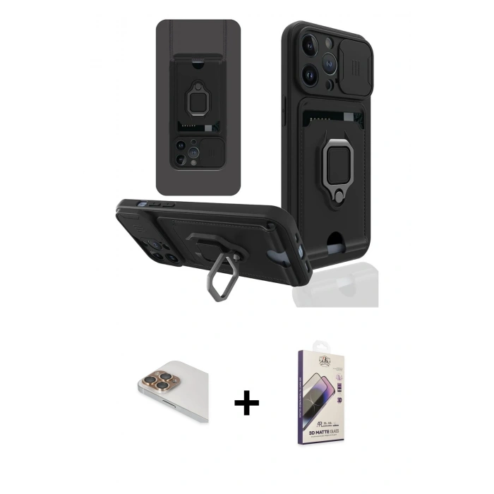 MARSİLYAN™- iPhone 13 Pro Max Kılıf Vadi Form Prime - Siyah Bilvis 3D Mat Cam Ekran Koruyucu + Pers Alüminyum Kamera Lens - GD