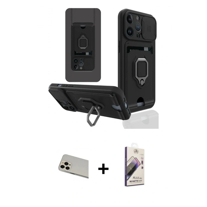 MARSİLYAN™- iPhone 13 Pro Max Kılıf Vadi Form Prime - Siyah Bilvis 3D Mat Cam Ekran Koruyucu + Rainbow Kamera Lens Koruma Cam - REGD