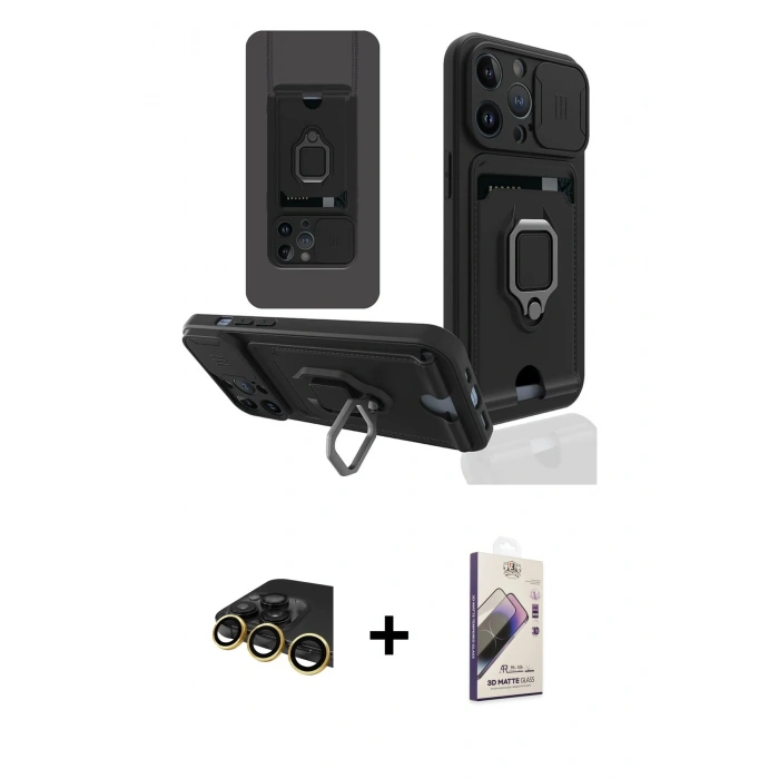 MARSİLYAN™- iPhone 13 Pro Max Kılıf Vadi Form Prime - Siyah Bilvis 3D Mat Cam Ekran Koruyucu + Raze Metal Kamera Lens - GD