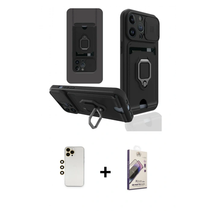 MARSİLYAN™- iPhone 13 Pro Max Kılıf Vadi Form Prime - Siyah Bilvis 3D Mat Cam Ekran Koruyucu + Shine Kamera Lens - GD
