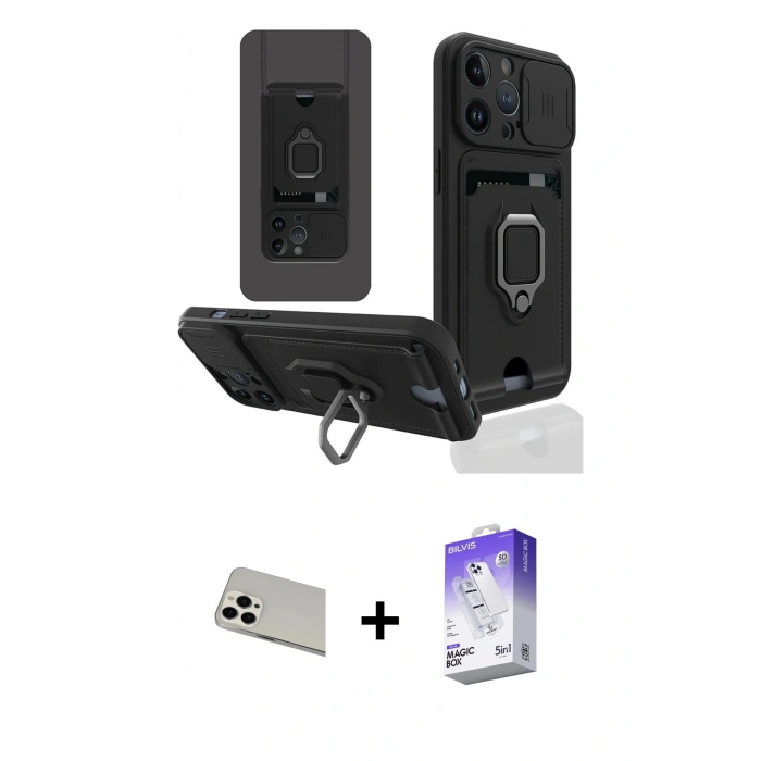 MARSİLYAN™- iPhone 13 Pro Max Kılıf Vadi Form Prime - Siyah Bilvis 5in1 3D Magic Cam Ekran Koruyucu + Rainbow Kamera Lens Koruma Cam - BZ