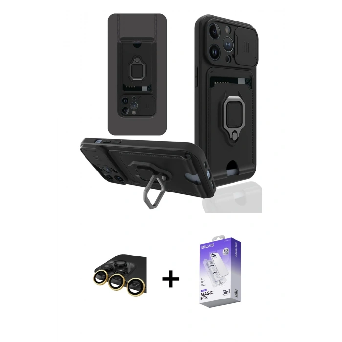 MARSİLYAN™- iPhone 13 Pro Max Kılıf Vadi Form Prime - Siyah Bilvis 5in1 3D Magic Cam Ekran Koruyucu + Gold Raze Metal Kamera Lens